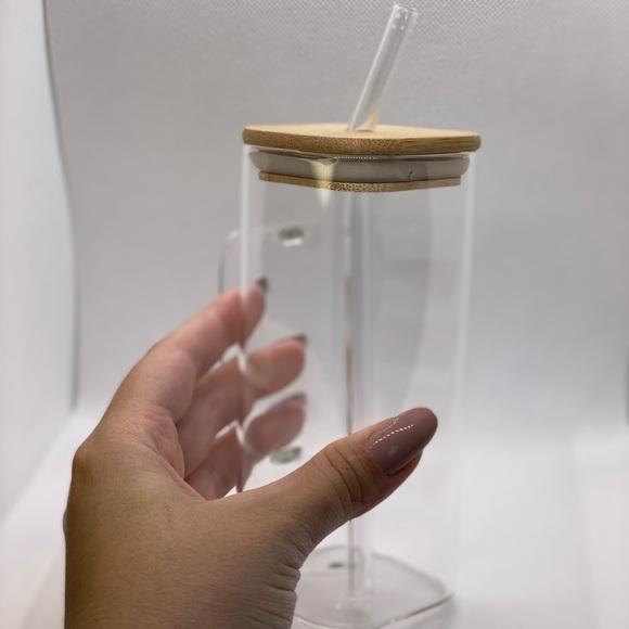New Transparent Glass Cup with Bamboo Lid and glass Straw - Picture 4 of 4